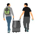 Tourist boys travelers carrying suitcase vector illustration isolated on white. Refugees carry big bag luggage . Man passenger Royalty Free Stock Photo