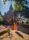 Tourist in buddhist pagoda, pugan , myanmar Royalty Free Stock Photo