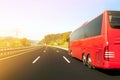 Tourist bus on asphalt freeway road in beautiful spring day at c Royalty Free Stock Photo