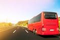 Tourist bus on asphalt freeway road in beautiful spring day at c Royalty Free Stock Photo