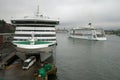 Tourist bus leaves the hold of a sea cruise ferry. Sea cruise in northern Europe