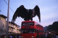 Tourist bus on the street of Barcelona, Flamengo fans following their bus. Huge vulture, AI Generated