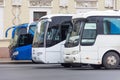 Tourist buses hyundai for city tours in a parking lot in a row. Russia, Saint-Petersburg. 09 october 2018