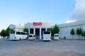 Tourist buses and minibuses are parked near shopping center Cafe Mola Firik\'s in Belen, Antalya coast, Turkey
