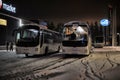 Tourist buses in a parking lot in the winter