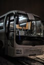 Tourist buses in a parking lot in the winter