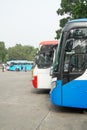 Vietnam, Hanoi - December 1, 2019: Tourist Buses Parking in the Parking Lot of Ho Chi Minh Mausoleum.