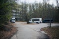 Tourist buses with tours to the Chernobyl zone in Pripyat