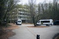 Tourist buses with tours to the Chernobyl zone in Pripyat