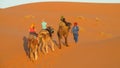 Tourist camel caravan in Africa sand desert dunes