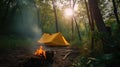 Tourist camp tent with campfire in summer green forest, outdoor activities. AI generated.