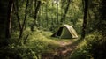 Tourist camp tent in the summer green forest, active leisure, vacation. AI generated.