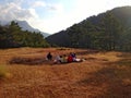 Tourist camp with tents and fire