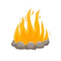 Tourist campfire. Outdoor bonfire and camping stone fireplace. Burning fire travel and adventure symbol. A tourist