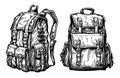 Tourist camping backpack sketch. Hike, hiking concept. Hand drawn illustration isolated on white background
