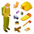 Tourist and camping equipment vector isometric collection