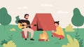 Tourist camping flat vector illustration, cartoon happy camper characters sitting by campfire next to camp tent, guy