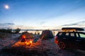 Tourist camping at the river on the sunset