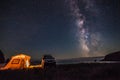 Tourist camping at sea coast at night with milky way