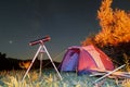 Tourist camping tent and reflector telescope on a tripod at night under starry sky Royalty Free Stock Photo