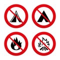 Tourist camping tent signs. Fire flame icons