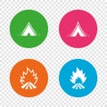 Tourist camping tent signs. Fire flame icons.