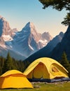 Camping with yellow tent. Generative Ai