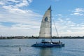 Tourist catamaran sailing boat in the Mission Bay of San Diego, California, USA