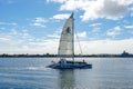 Tourist catamaran sailing boat in the Mission Bay of San Diego, California, USA