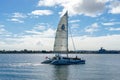 Tourist catamaran sailing boat in the Mission Bay of San Diego, California, USA