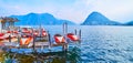 Tourist catamarans on pier on Lake Lugano, Lugano, Switzerland