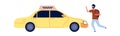 Tourist catches taxi. Cartoon yellow car and man with backpack. Isolated flat male traveller vector character
