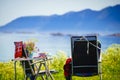 Tourist chairs table on seashore, 17 July 2018, Norway