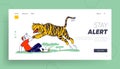 Tourist Character Attacked with Tiger Landing Page Template. Danger from Wild Animals. Unexpected Situation in Nature