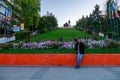 Tourist in the city center with a monument to Kotovsky. September 5, 2021 Hincesti Moldova