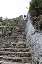 Tourist Climbing Stone Stairs Machu Picchu Peru South America