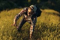 Tourist climbing to the summit, Young man climbing a mountain, Climber success on the summit, Adventure outdoor Royalty Free Stock Photo