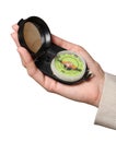 Tourist compass in a female hand