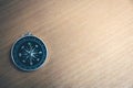 Tourist compass placed on a wooden table