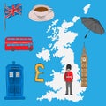 Tourist concept - UK symbols, drawn in pencil. Union Jack flag, Big Ben, royal guard, a cup of tea, umbrella, a London bus, a poli Royalty Free Stock Photo