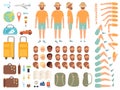 Tourist constructor. Male character body parts suitcase tickets and other items for travelling vector creation kit