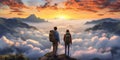 Tourist couple on top of cliff with sea of clouds in the background during sunset