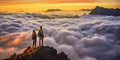 Tourist couple on top of cliff with sea of clouds in the background during sunset