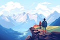 tourist couple on a cliff at the mountain