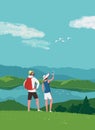 Tourist Couple enjoy Mountain Landscape Background