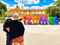 The colorful letters of the city of Izamal in front of the Franciscan monastery Royalty Free Stock Photo