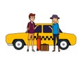 tourist couple with suitcases in taxi characters