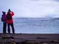 Tourist couple watching harbor seals in Iceland Royalty Free Stock Photo