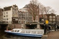 Tourist cruise boat in a canal in Amsterdam Netherlands. March, 2015.