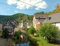 Tourist destination Monreal in rhineland-palatinate with half-timbered houses and ruin of castle Philippsburg Royalty Free Stock Photo